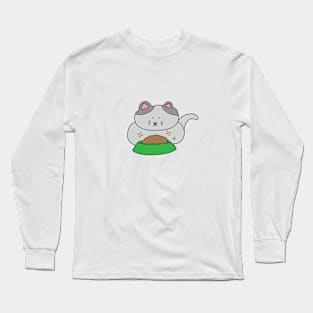 cute grey cat eating cat food Long Sleeve T-Shirt